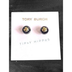 Tory Burch Black Enamel Round Logo Stud Earrings With Gold Accents